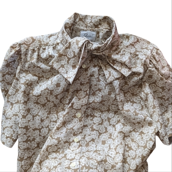 Vintage Alicia Floral Retro Short Sleeve Neck Tie Coquette Girl Blouse Size S - Picture 8 of 9